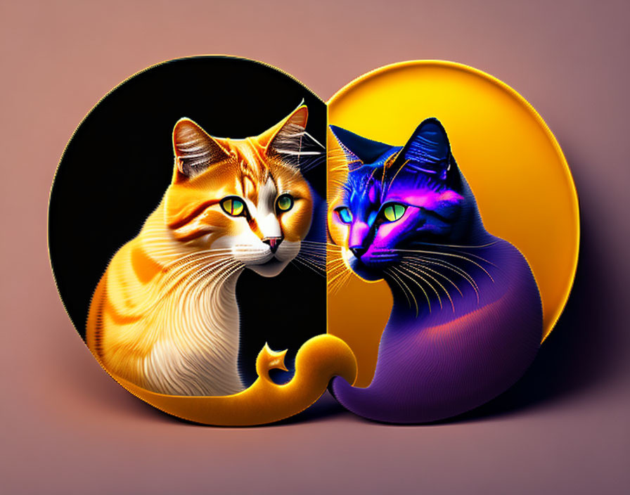 Stylized orange and blue cats in yin-yang symbol on purple background