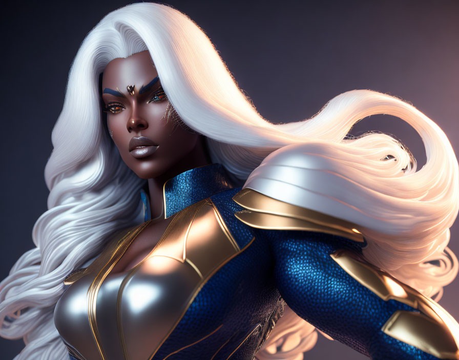 Detailed 3D illustration of fierce female superhero with white hair and gold/blue costume