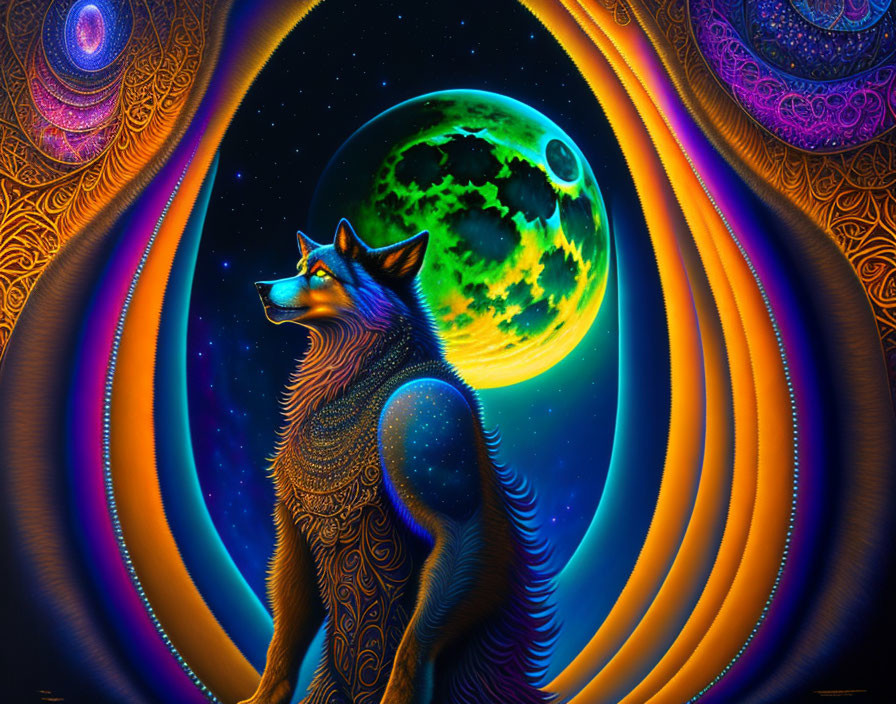 Colorful wolf with intricate patterns on body against psychedelic background and green moon.