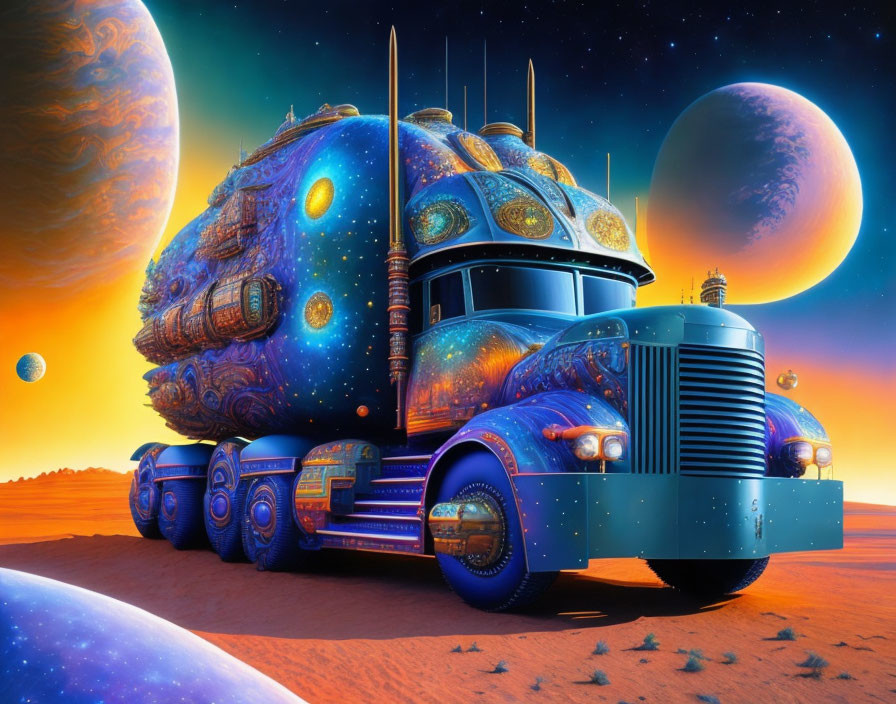 Futuristic galaxy-themed truck on alien desert planet