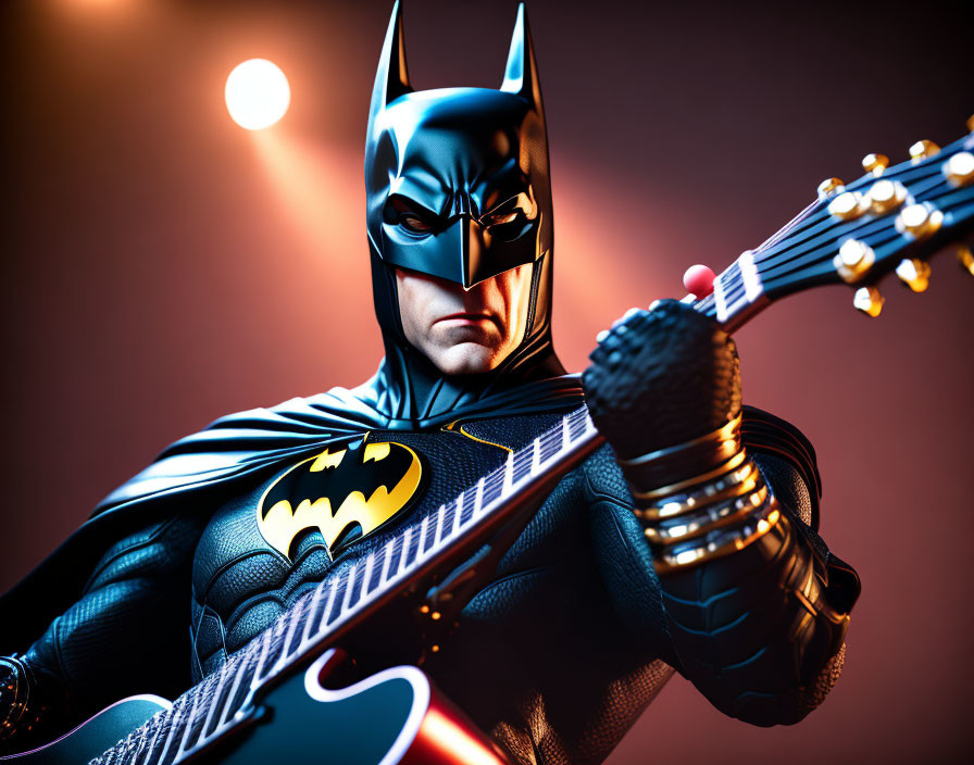 Batman playing electric guitar on red backdrop.