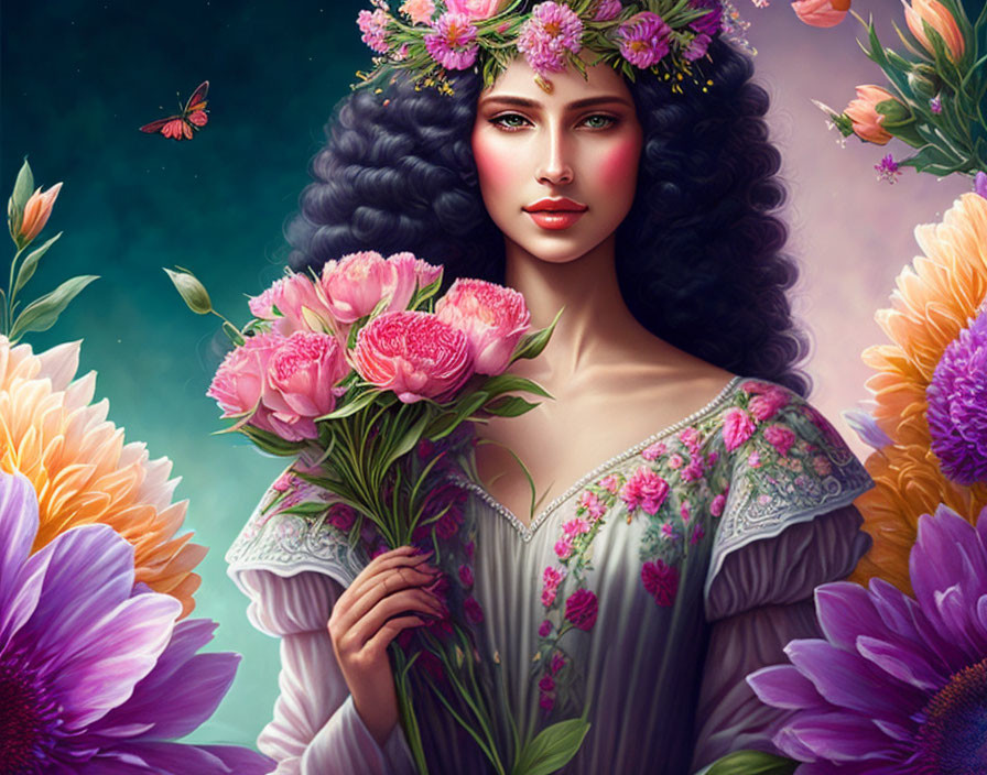 Curly Haired Woman Surrounded by Flowers and Butterfly Holding Pink Peonies