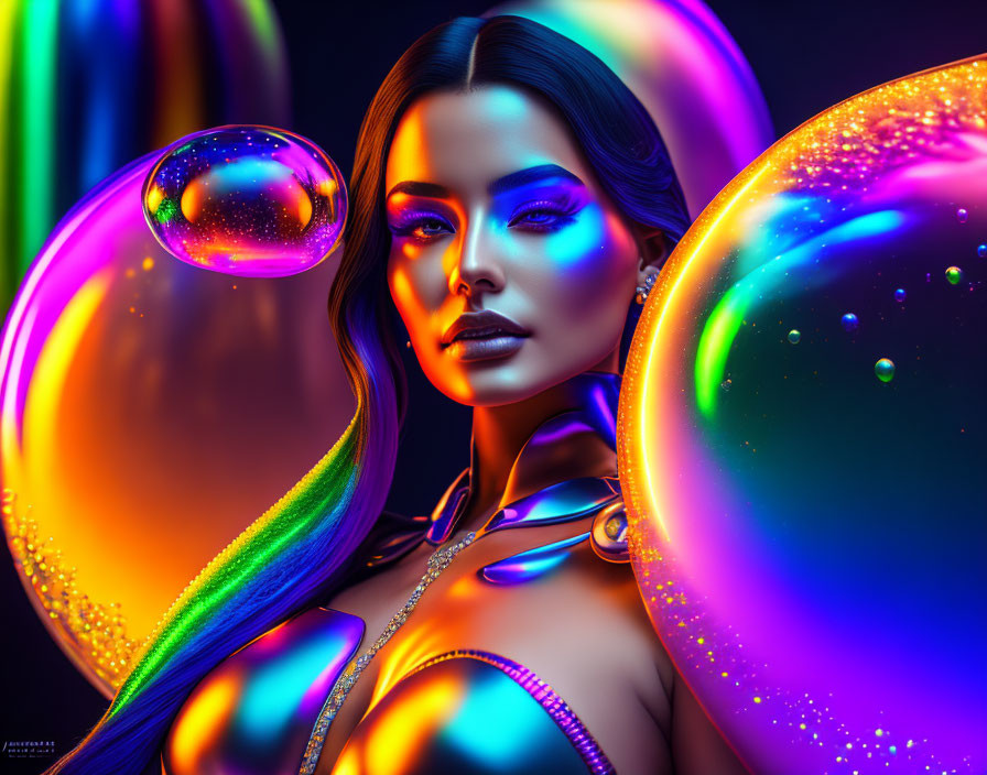 Colorful digital artwork: Woman surrounded by luminous bubbles on dark background