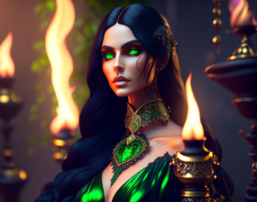 Fantasy female character with emerald green eyes and golden jewelry in mystical 3D render