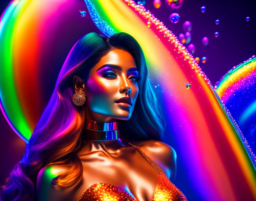 Stylized woman portrait with flowing hair on vibrant rainbow background