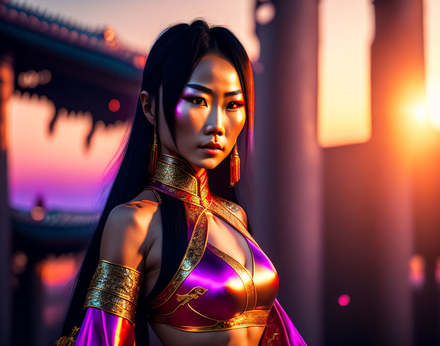 Asian-style gold and purple attire on a woman with striking makeup at sunset