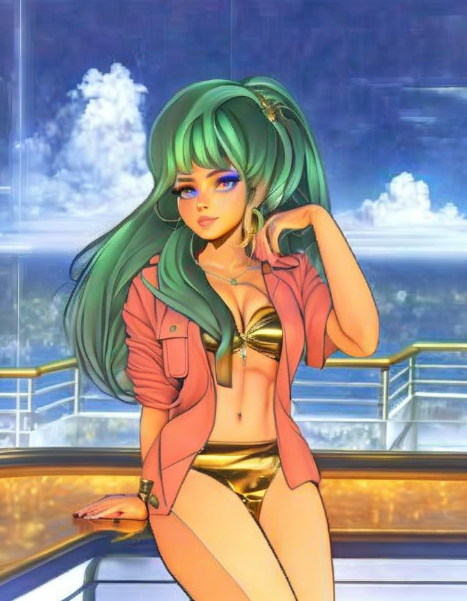 Digital Art: Woman with Green Hair in Gold Bikini and Pink Jacket Sitting on Railing