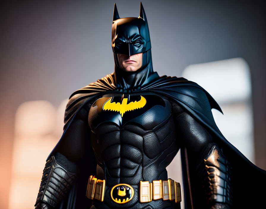 Detailed Batman Figure in Black and Yellow Suit Against Soft-Lit Background