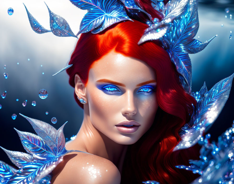 Fantasy image: Woman with red hair and blue eyes surrounded by ice-like leaves on blue background