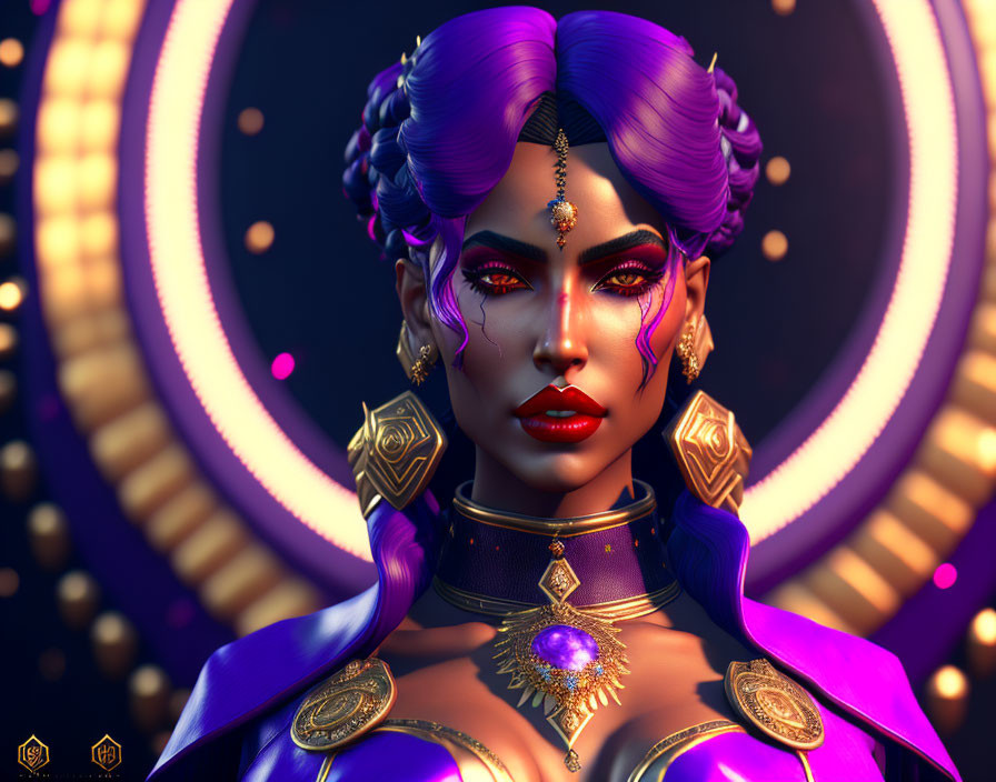 Digital artwork: Female character with purple hair, gold jewelry, striking makeup, luminous circular backdrop