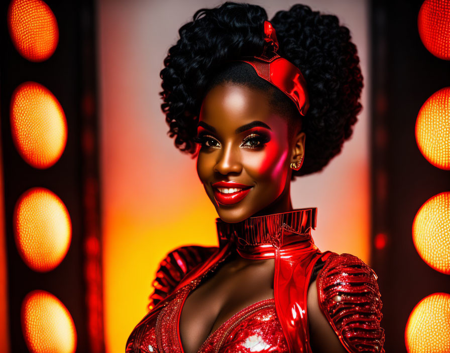 Styled hair and red lipstick woman in sparkly outfit smiles with circular lights.