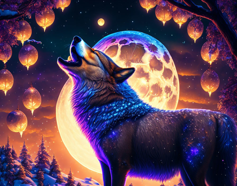 Wolf howling under large moon with glowing lanterns, starry sky, and silhouetted