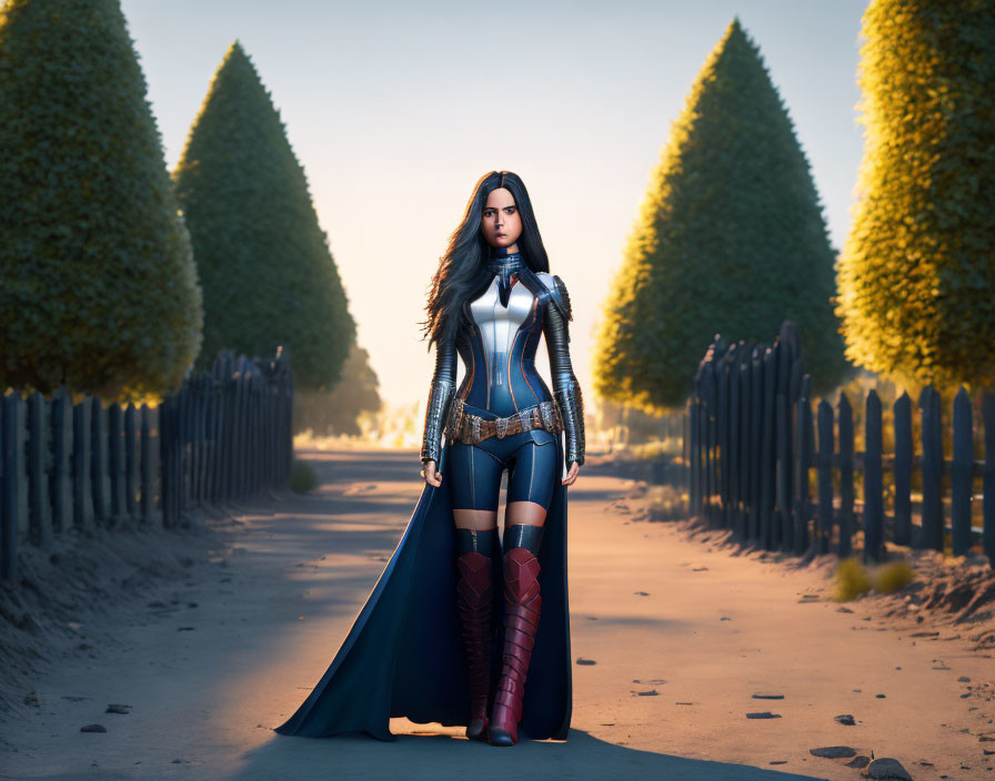 Female superhero digital illustration in blue and white suit on path with trees.