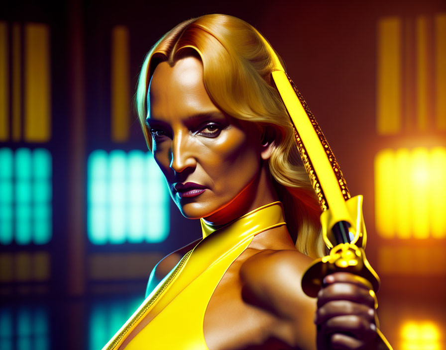 Vibrant woman with golden sword in commanding pose on dark background