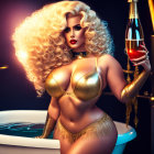 Exaggerated features in golden bikini with champagne bottle in luxurious setting