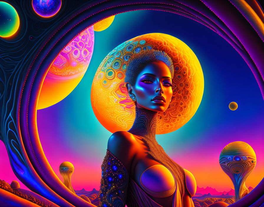 Colorful digital artwork of a haloed woman in an otherworldly setting