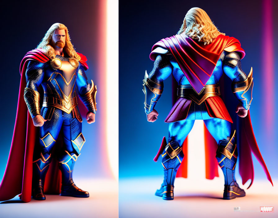 Detailed Thor Action Figure with Blue and Gold Armor, Red Cape, and Blonde Hair