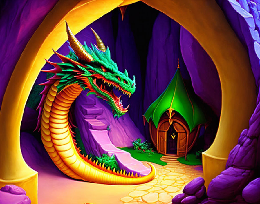 Colorful Dragon Guards Entrance to Tent-like Structure in Purple Cave