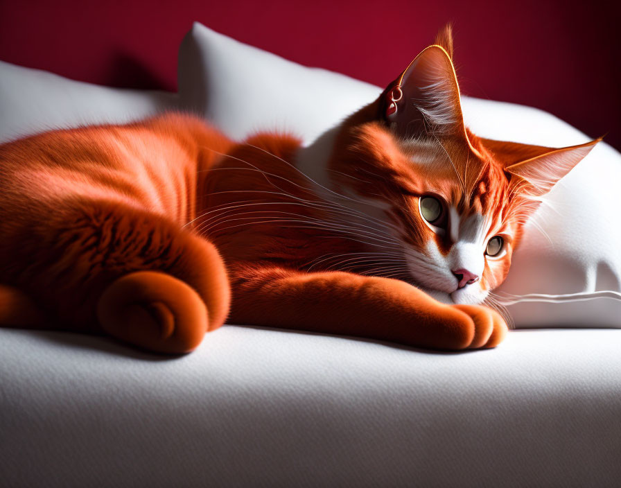 Ginger Cat with Attentive Eyes on White Cushion Against Red Backdrop