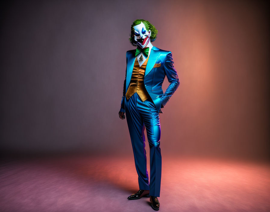 Confident person in vibrant blue suit with Joker mask on pink background