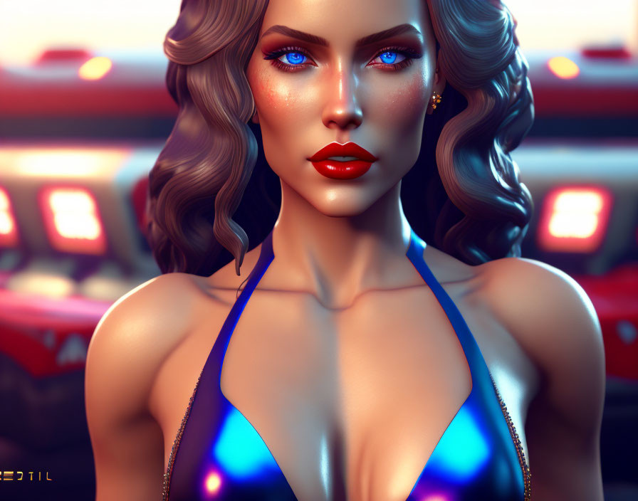 Vibrant digital art portrait of a woman with blue eyes, red lipstick, and curly brown hair