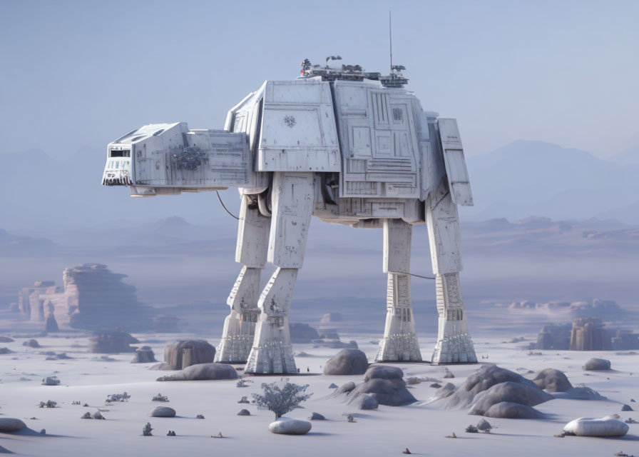 Star Wars AT-AT walker in desert landscape with rocky outcrops