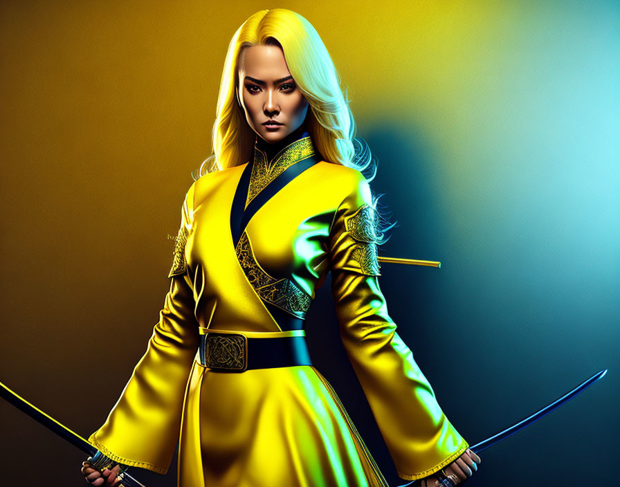 Blonde Woman in Yellow Jacket with Swords on Colorful Background