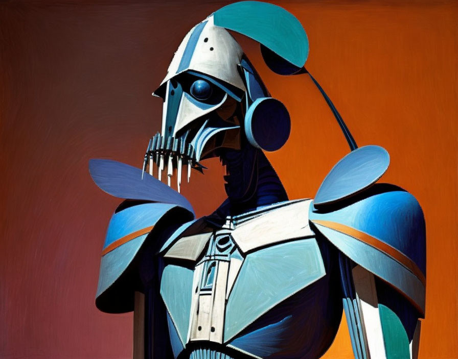 Stylized humanoid robot in white and blue on orange background