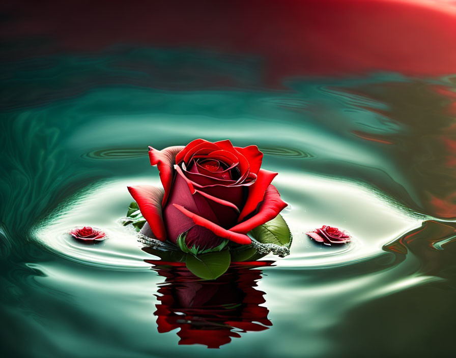 Red rose on green water with reflections and floating blooms