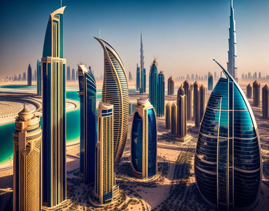 Modern city skyline with futuristic skyscrapers and waterways.