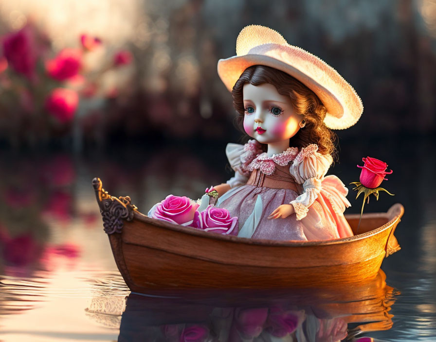 Porcelain doll in vintage pink dress and hat on miniature boat in tranquil water