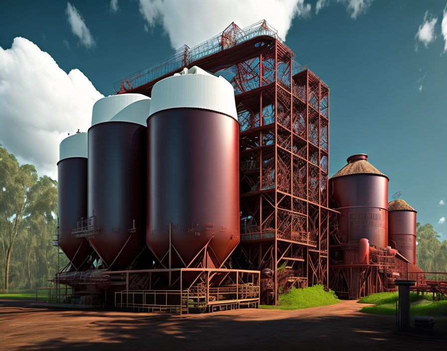 Industrial facility with storage silos, metal structure, and walkways under cloudy sky