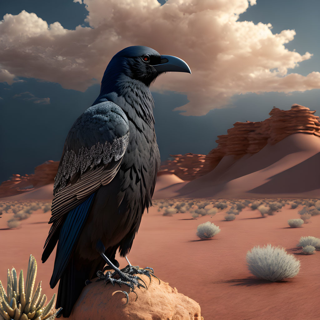 Majestic raven on desert rock under cloudy sky