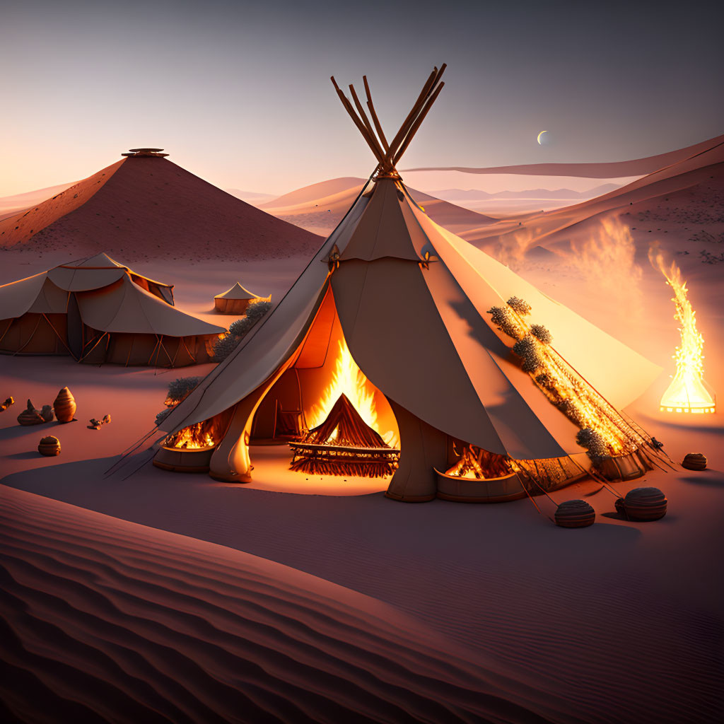 Desert camp with tents, bonfire, sand dunes, and crescent moon