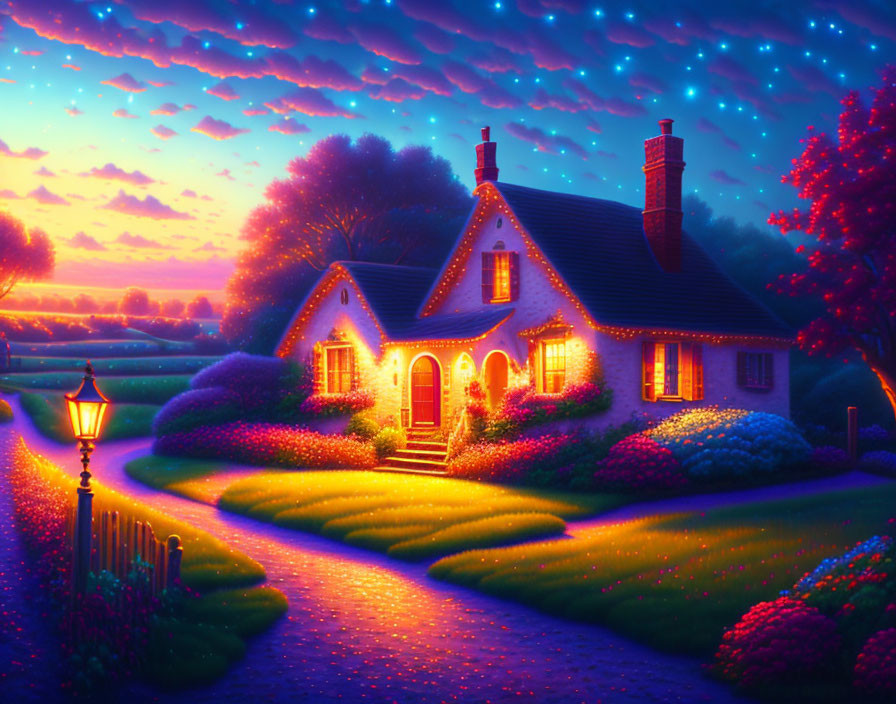 Cozy cottage surrounded by colorful gardens under twilight sky