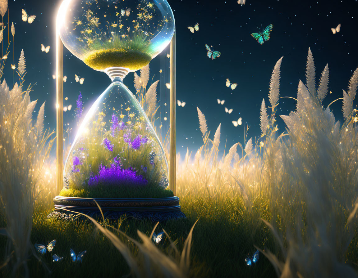 Luminescent hourglass in glowing flower field under starry sky