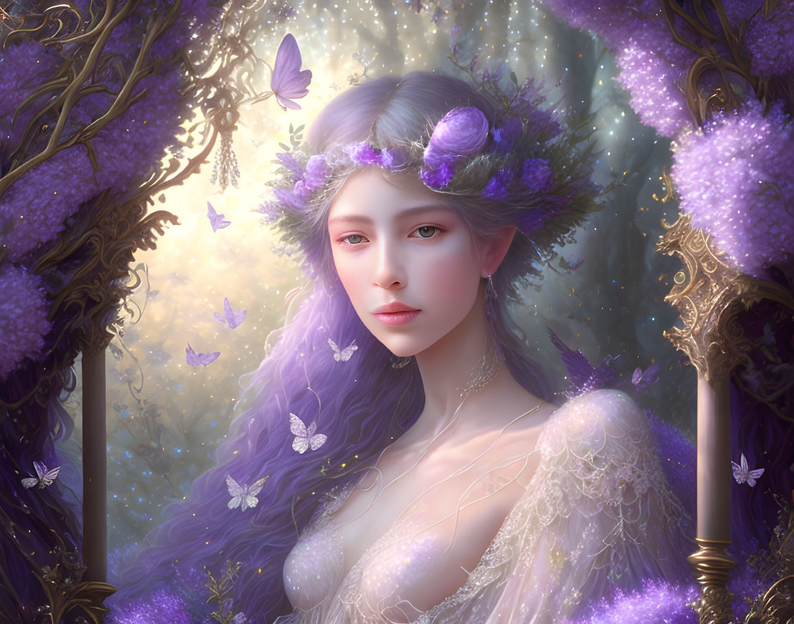 Fantastical portrait of woman with violet hair and floral crown, surrounded by butterflies in purple setting.