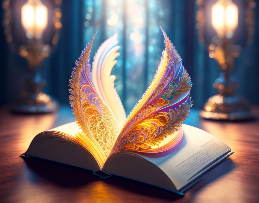 Intricate illuminated patterns on open book on wooden surface