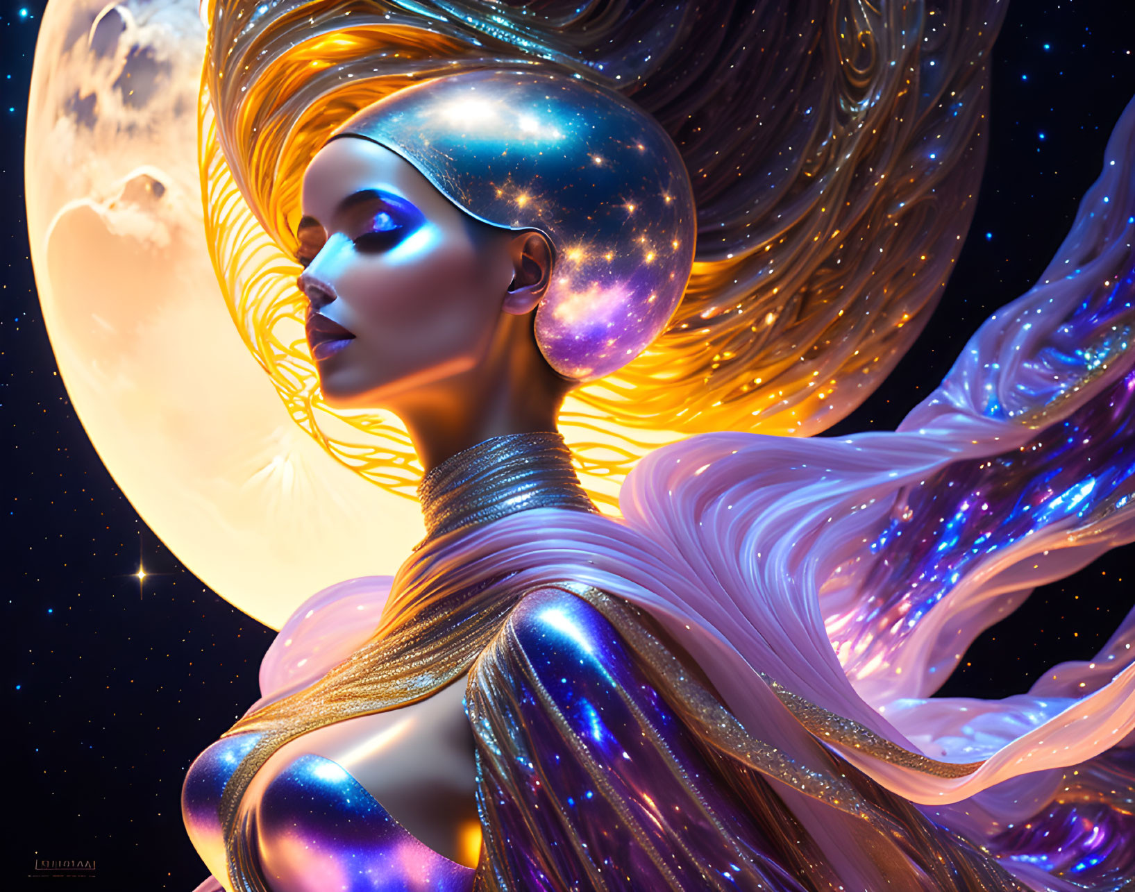 Digital artwork: Woman with star-infused hair in cosmic setting