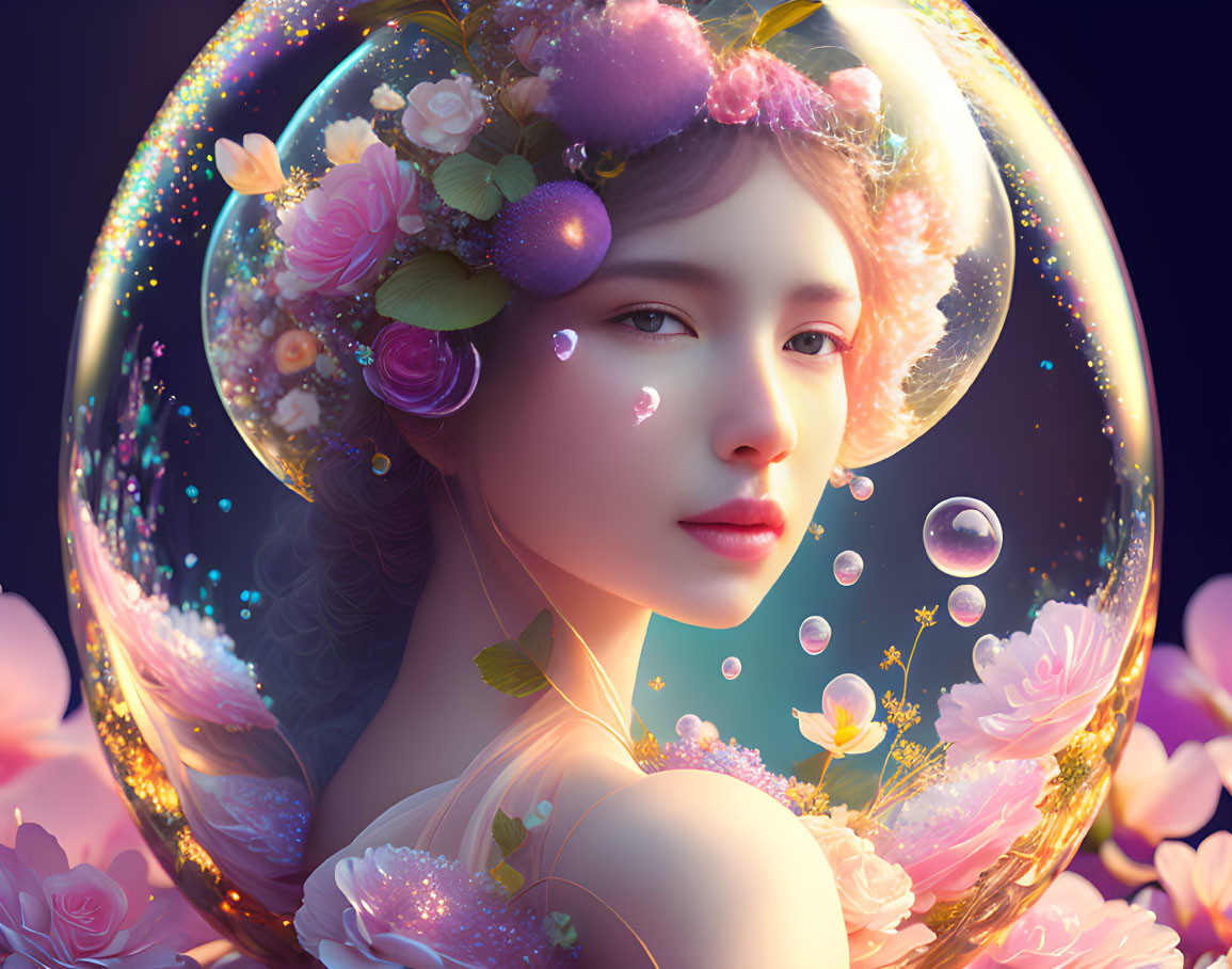 Digital Artwork: Woman in Floral Headdress in Glowing Bubble among Flowers