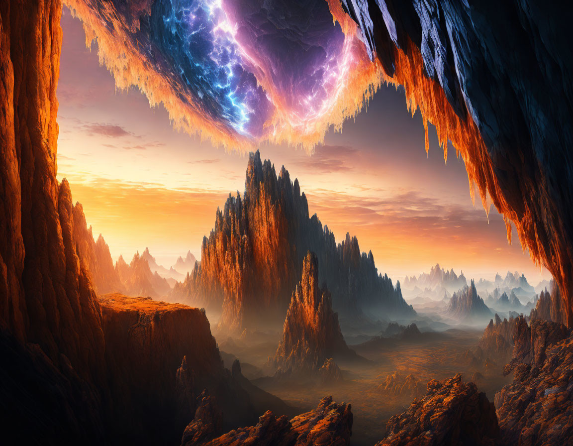 Vibrant fantasy landscape with rugged mountains and surreal cosmic sky