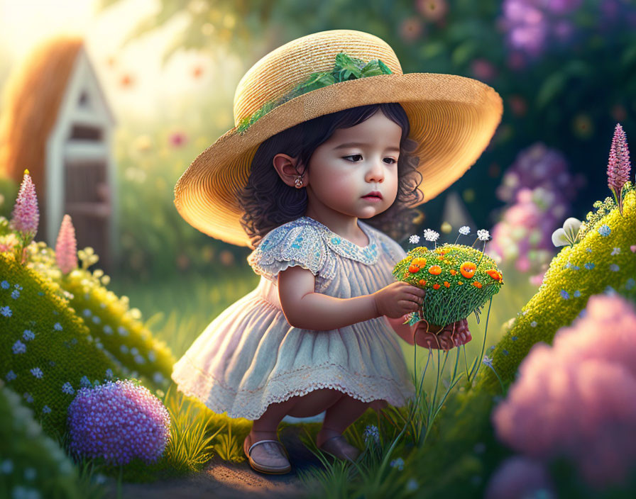 Young child in straw hat admiring flowers in garden with cottage background