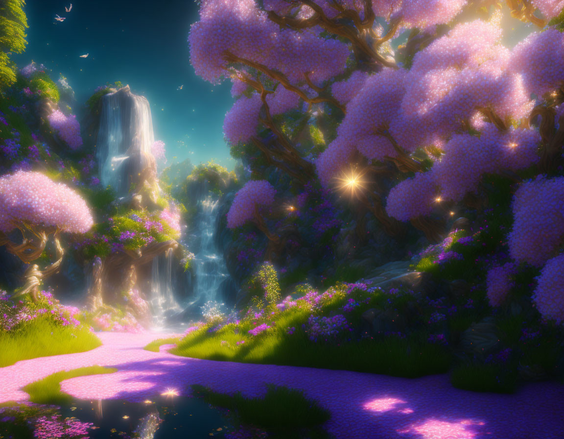 Fantasy landscape with waterfall, pink trees, glowing river, and pink flowers in golden light