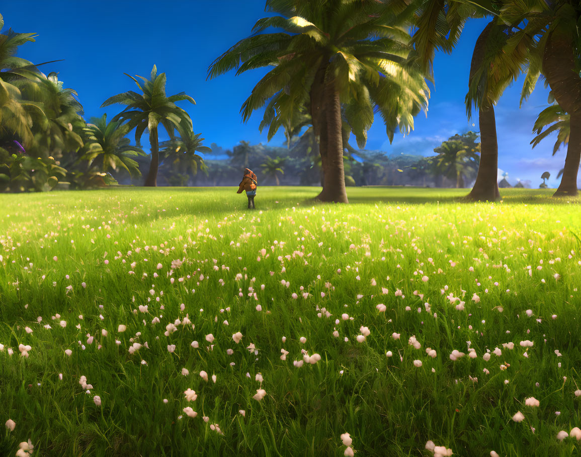 Tropical landscape with palm trees, white flowers, and a person under clear blue sky