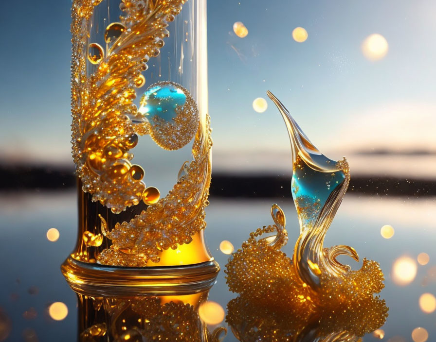 Golden liquid with blue spheres and splash on blurred nature background at dusk