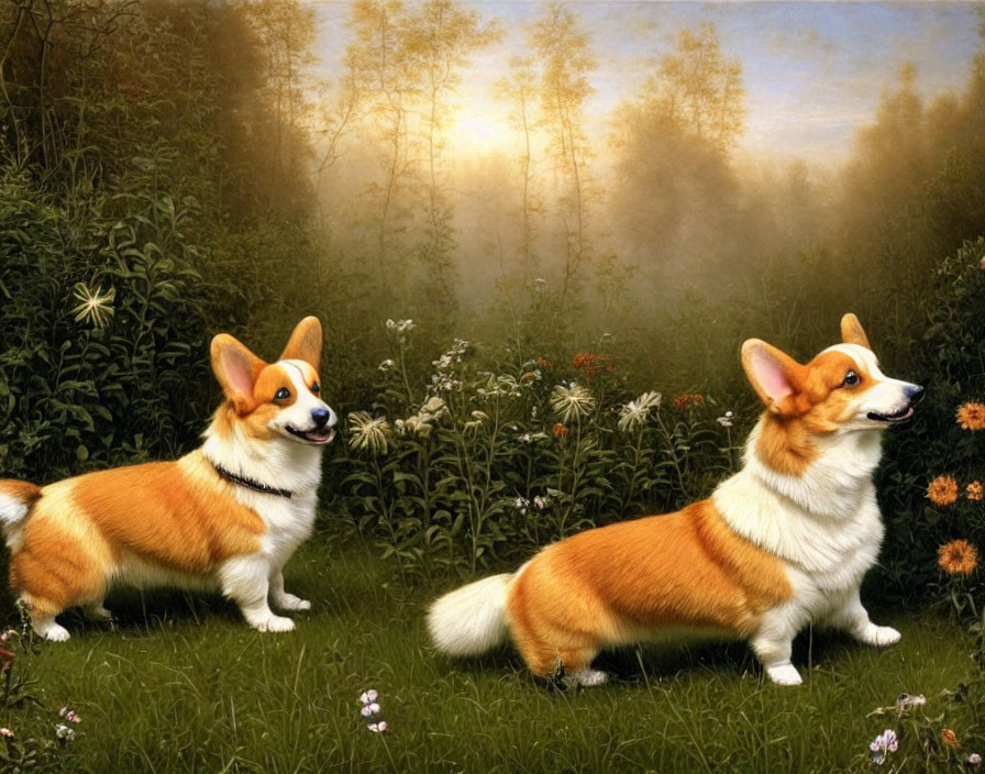 Two Corgis in Flowering Meadow with Forest and Sunlight