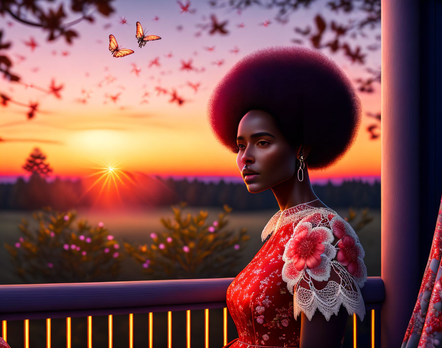 Woman with voluminous afro admiring sunset with butterflies, leaning on porch railing in floral dress