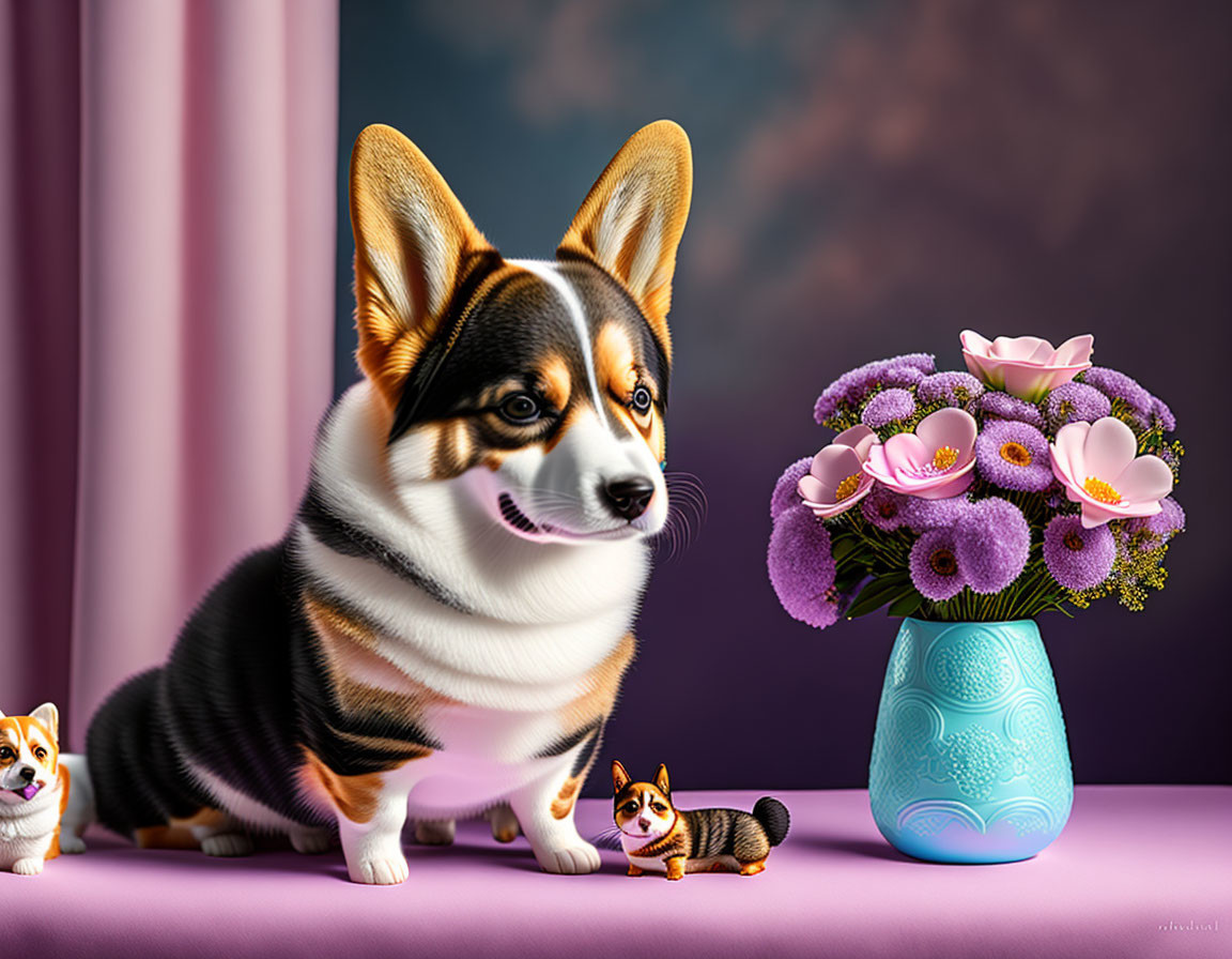 Realistic illustration of large and small Corgis with purple flowers on draped curtain background