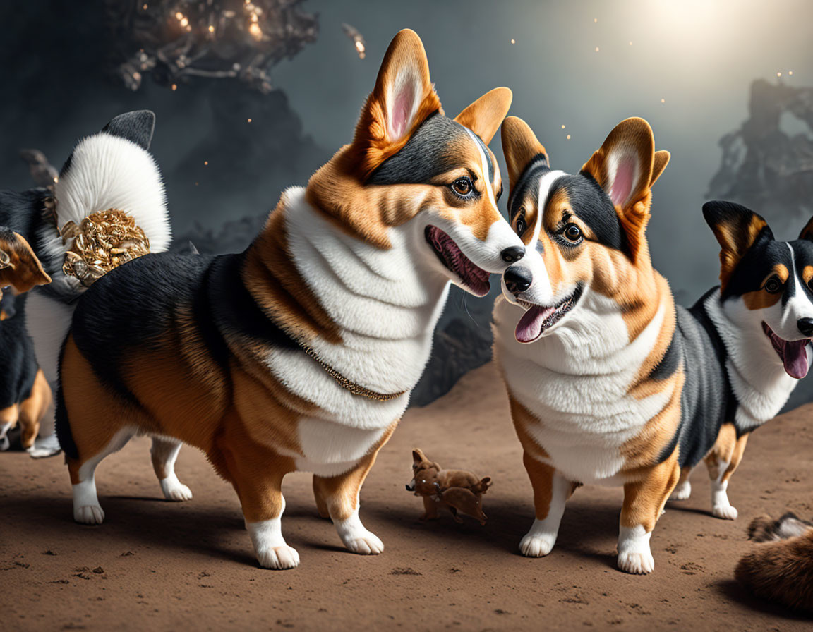 Two playful Pembroke Welsh Corgis with toy bone on sandy surface under dramatic sky