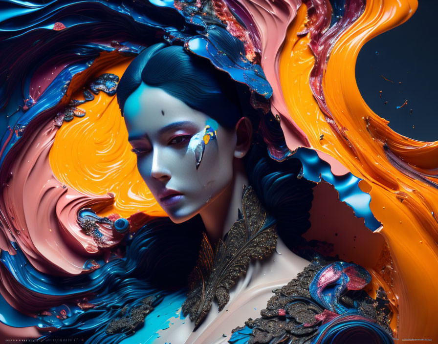 Blue-skinned woman in surreal portrait with swirling vibrant colors